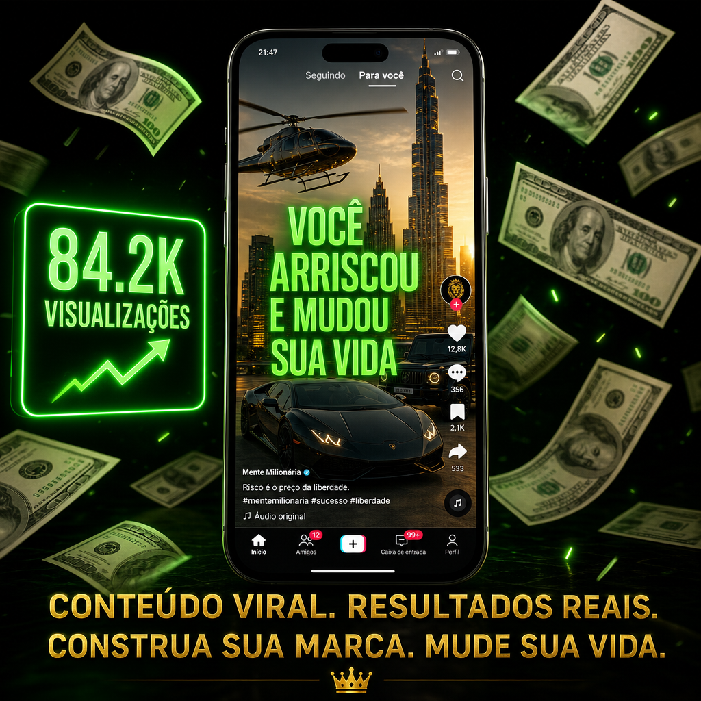 Mockup de celular mostrando vídeo viral com contador de views subindo